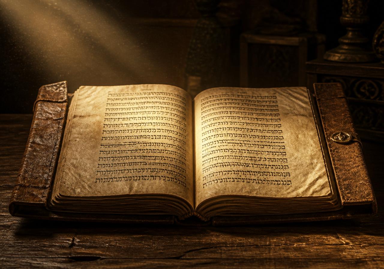 Manuscrito bíblico antigo aberto com luz dourada iluminando textos em hebraico e aramaico